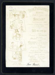 Union photographique rémoise fondée le 17 février 1894 [image fixe] : Banquet du 2 Septembre 1894 à l'occasion du Diplôme d'Honneur remporté le 15 Août à TOURS, Menu | Pyègne, Tristan de (1860-1915). Illustrateur