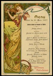 Menu - Dîner du 30 mars 1907 : Réunion amicale du Personnel de théâtre) / illustré par Mucha | Mucha, Alphonse (1860-1939). Lithographe