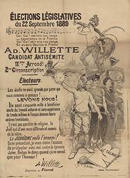 Elections législatives du 22 septembre 1889 [...], Ad. Willette candidat antisémite IXeme Arrondt, 2e circonscription [... ], Electeurs [... ], Levons Nous ! le judaïsme voilà l'ennemi ! [...] A.Willette directeur du Pierrot. / Affiche signée A. Willette | Willette, Adolphe (1857-1926). Illustrateur