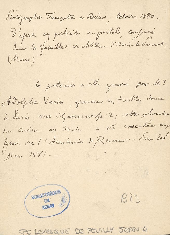 Portrait de Jean-Simon Levesque de Pouilly, fils de Louis-Jean Levesque de Pouilly, annoté par Henri Jadart (1883–1967) bibliothécaire et archiviste rémois.  Portraits champenois Levesque de Pouilly Jean-verso