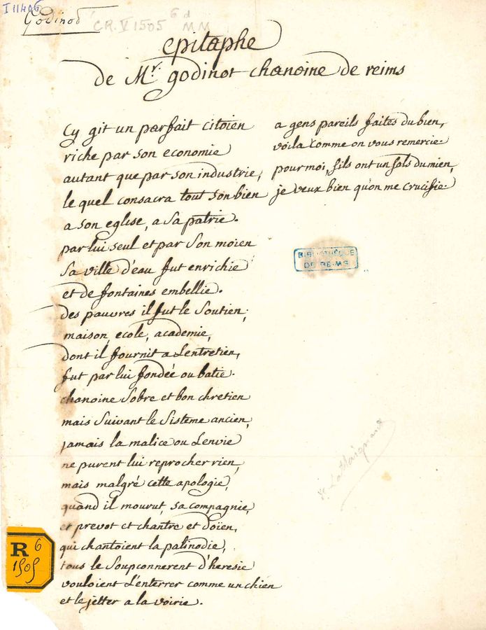 Epitaphe de M. Godinot ; Discours prononcé par M. de Pouilly, le 17 Février 1750.  CR V 1505 6 MM