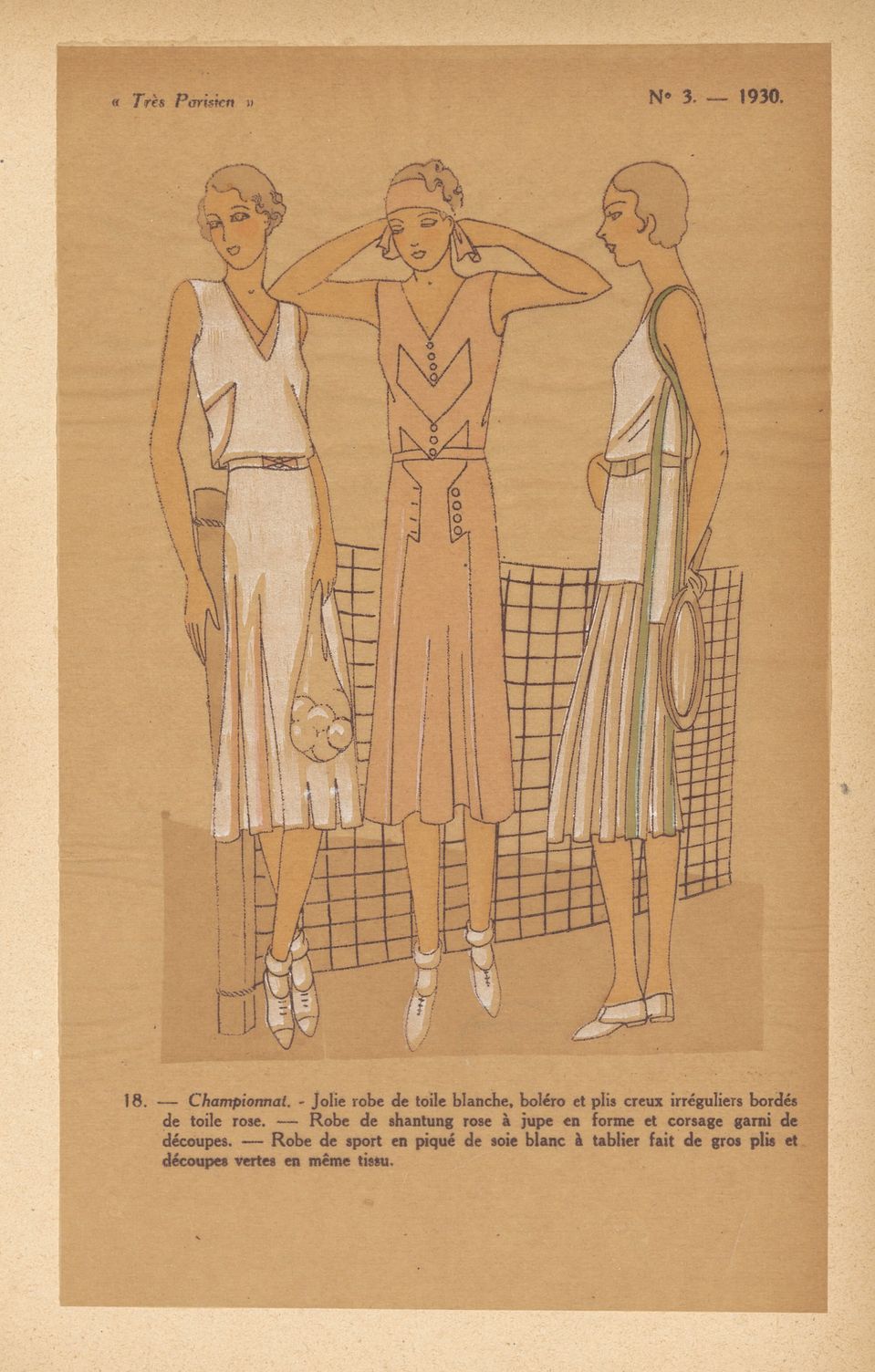 Tenues de tennis dessinées par de grands couturiers français. Très parisien, 1930. (BM Reims, PER X 13)
