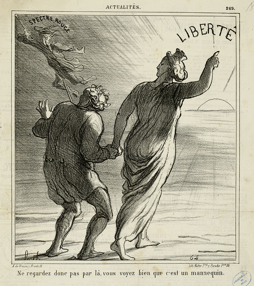 <i>Ne regardez donc pas par là, vous voyez bien que c'est un mannequin</i>, par Daumier. <i>Le Charivari</i>, 9 décembre 1869 - Fonds Caricatures, Daumier