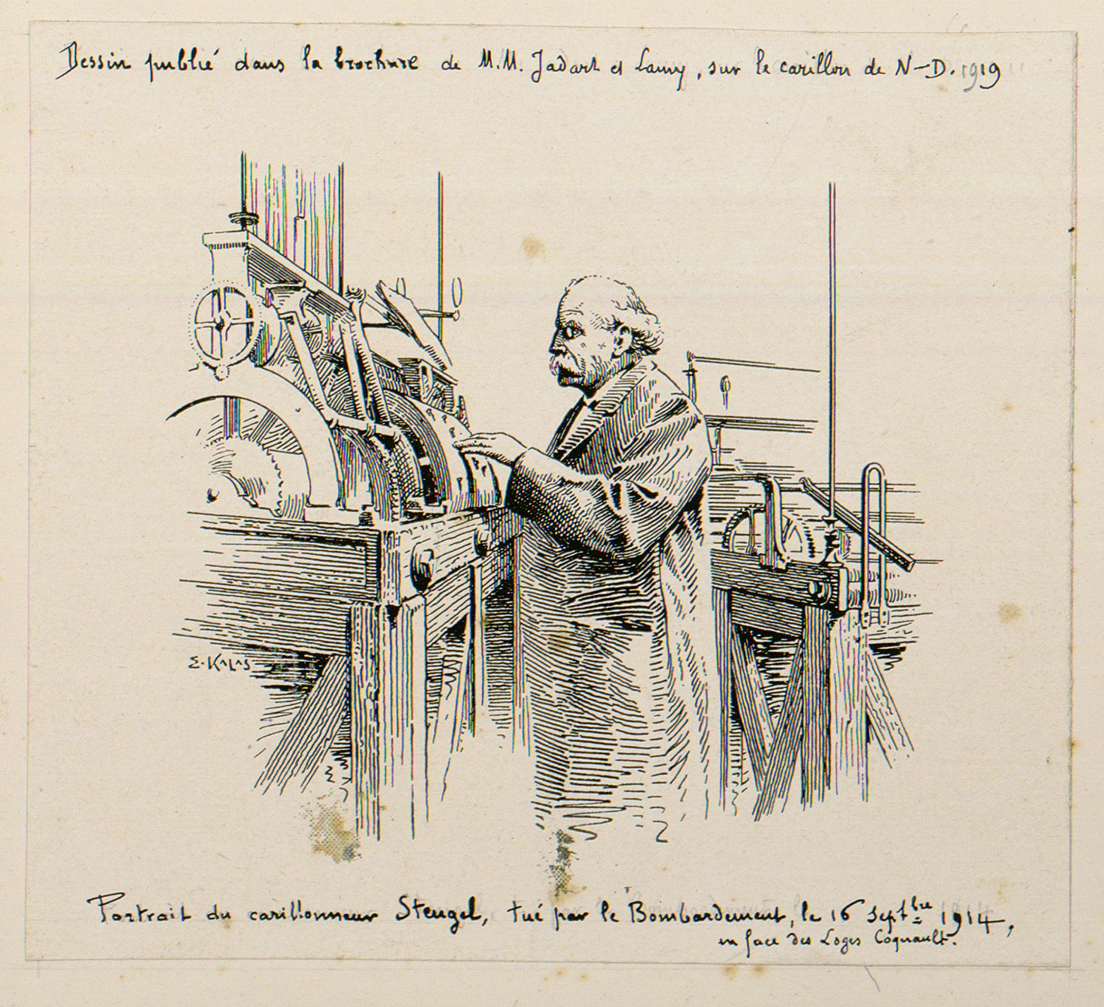 Portrait du carillonneur Stengal, tué par le bombardement du 16 septembre 1914 en face des Loges Coquault, publié dans la brochure sur le carillon de Notre-Dame en 1919 par Henri Jadart et Lamy.  Fonds Ernest Kalas, Carton 3, planche 21
