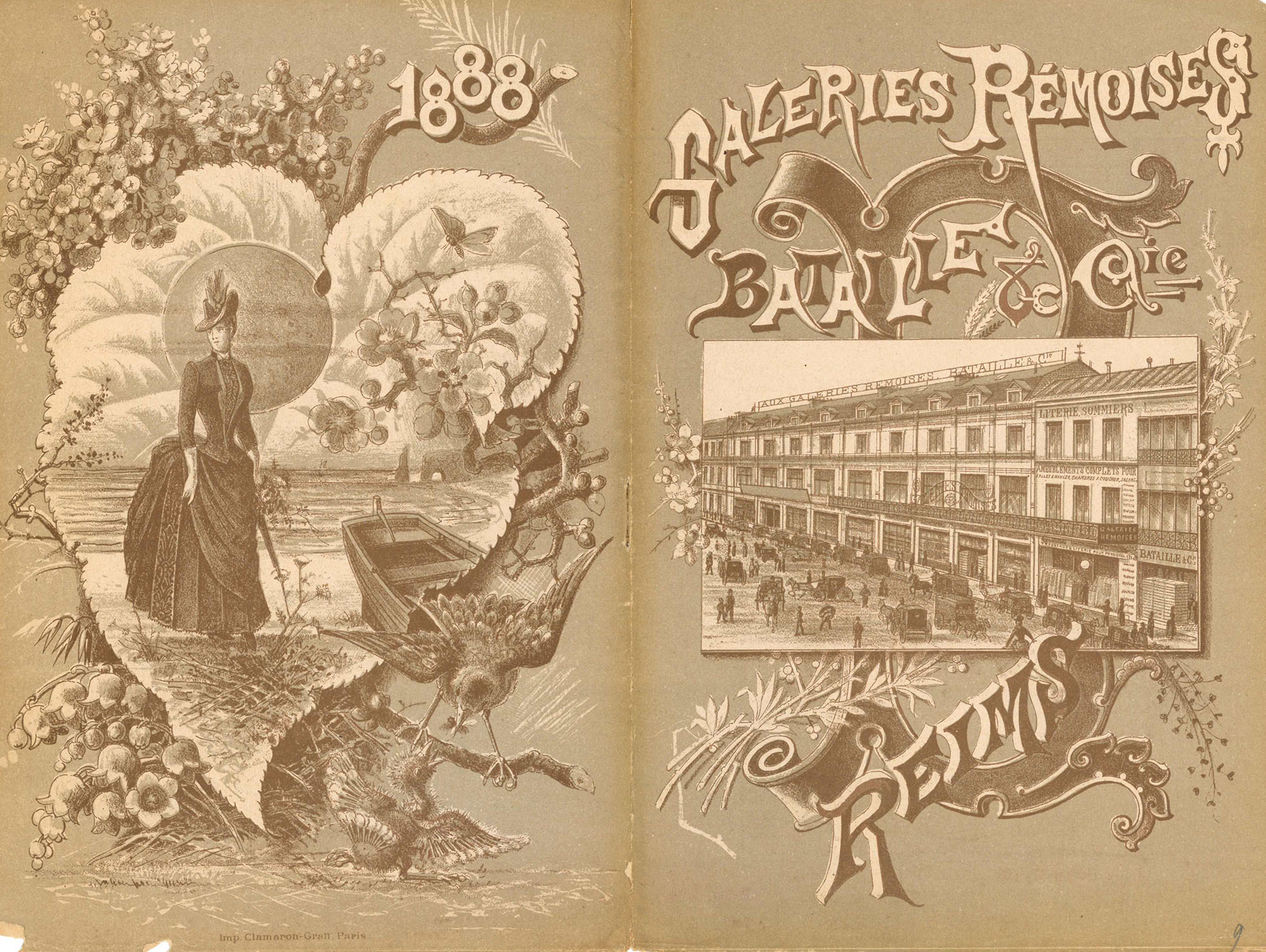 Couverture d'un catalogue des Galeries Rémoises, année 1888. Reims, Bibliothèque municipale, Boite Menu 52.