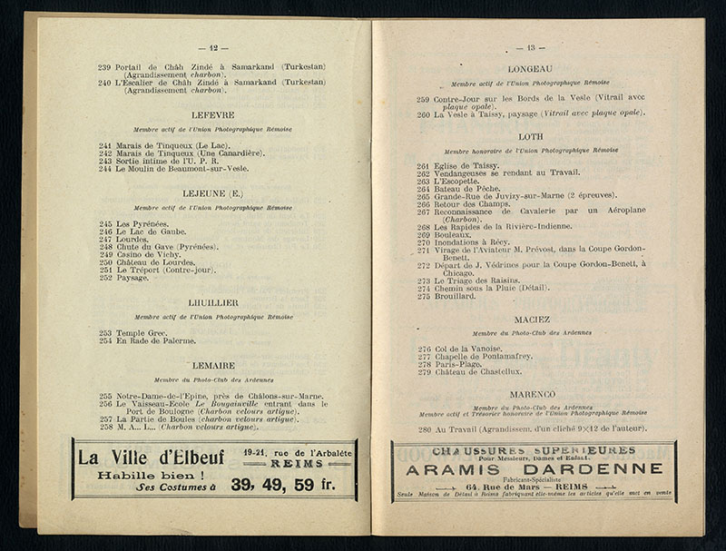 Catalogue 1913 de l'exposition des travaux d'amateurs photographes de l’Union Photographique Rémoise. BM Reims, DD 30 - UPHR