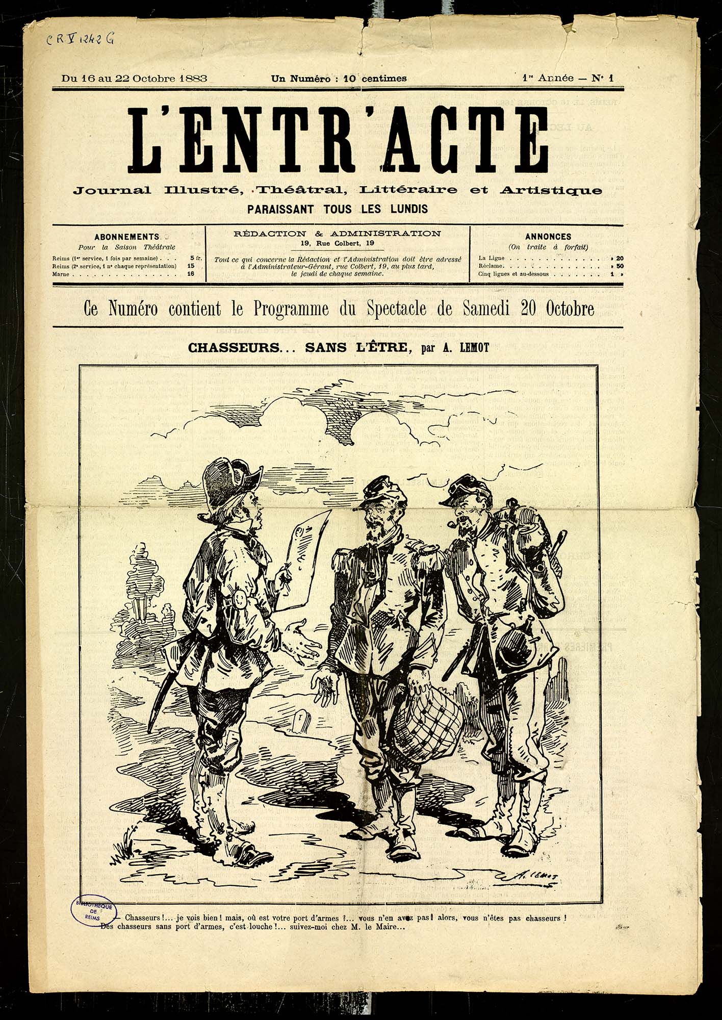 L'Entracte (journal rémois), Une du n°1 du 16 octobre 1883. BM Reims, PER CH FOL 279