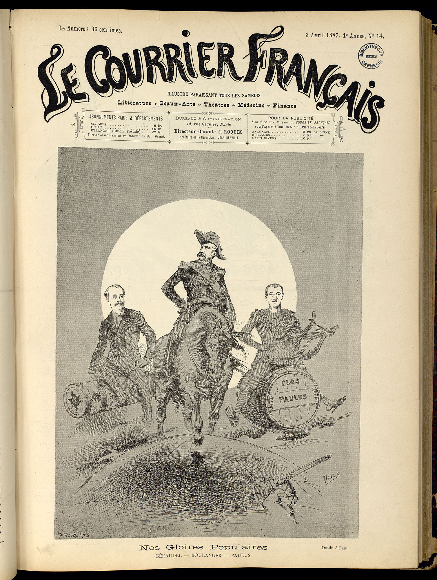 Le Courrier Français, Une du 3 avril 1887. BM Reims, PER X G 002
