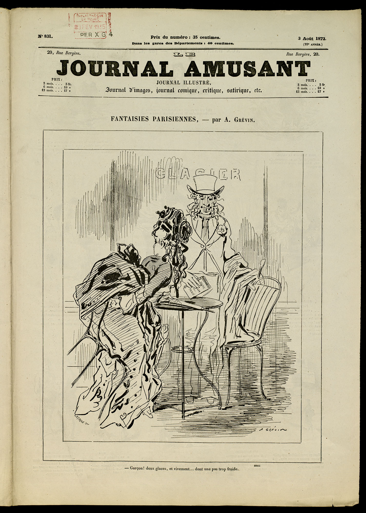 Le Journal Amusant, Une du 3 août 1872. BM Reims, PER_X_G_004