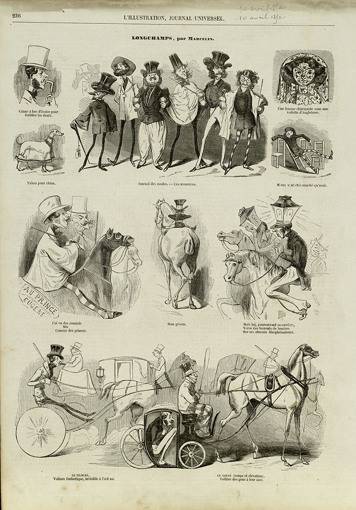 <i>Longchamps</i>, par Marcellin. <i>L'illustration</i>, 10 avril 1852 - Fonds Caricature, Marcellin