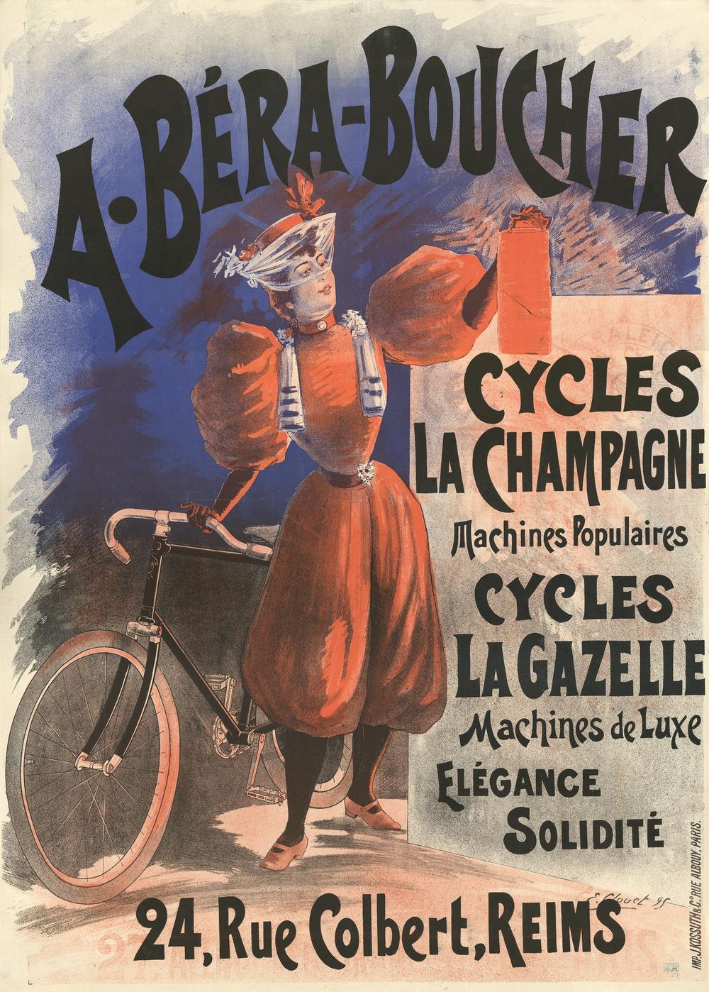 Vélocipédiste en « bloomer ». Affiche d’enseigne rémoise, fin XIXe siècle. (BM Reims, TGF 13-27)