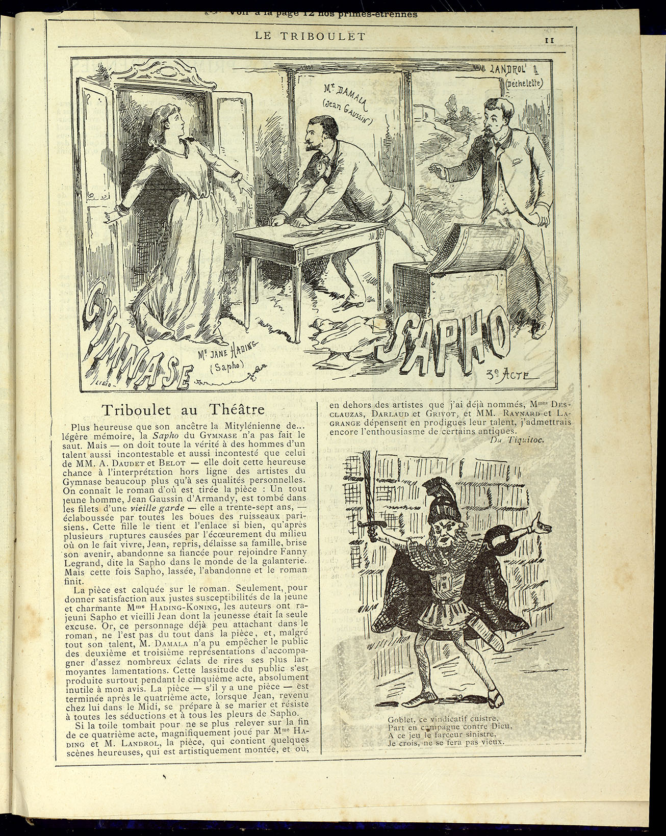 Lemot, alias Lilio, signe l'lllustration de la critique de la pièce de théâtre Sapho, tirée du roman inspiré de sa propre vie. Le Triboulet du 27 décembre 1885. BM Reims, PER X 38