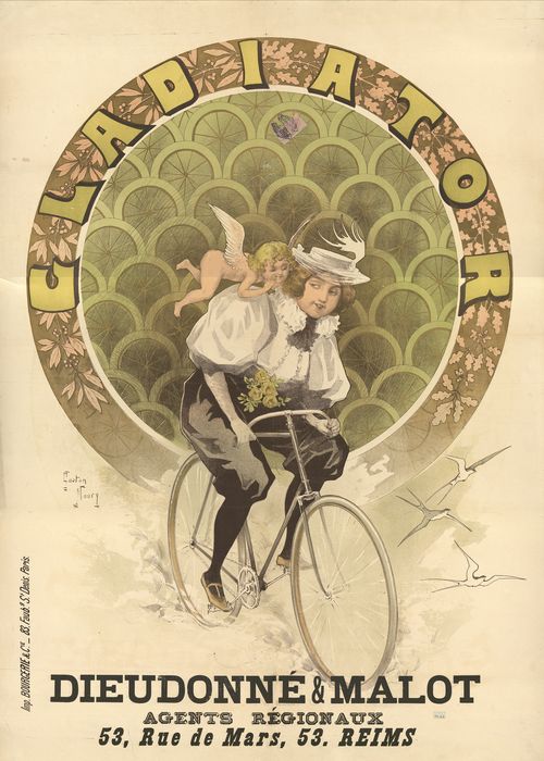 Vélocipédiste en « bloomer ». Affiche d’enseigne rémoise, fin XIXe siècle. (BM Reims, TGF 13-22)