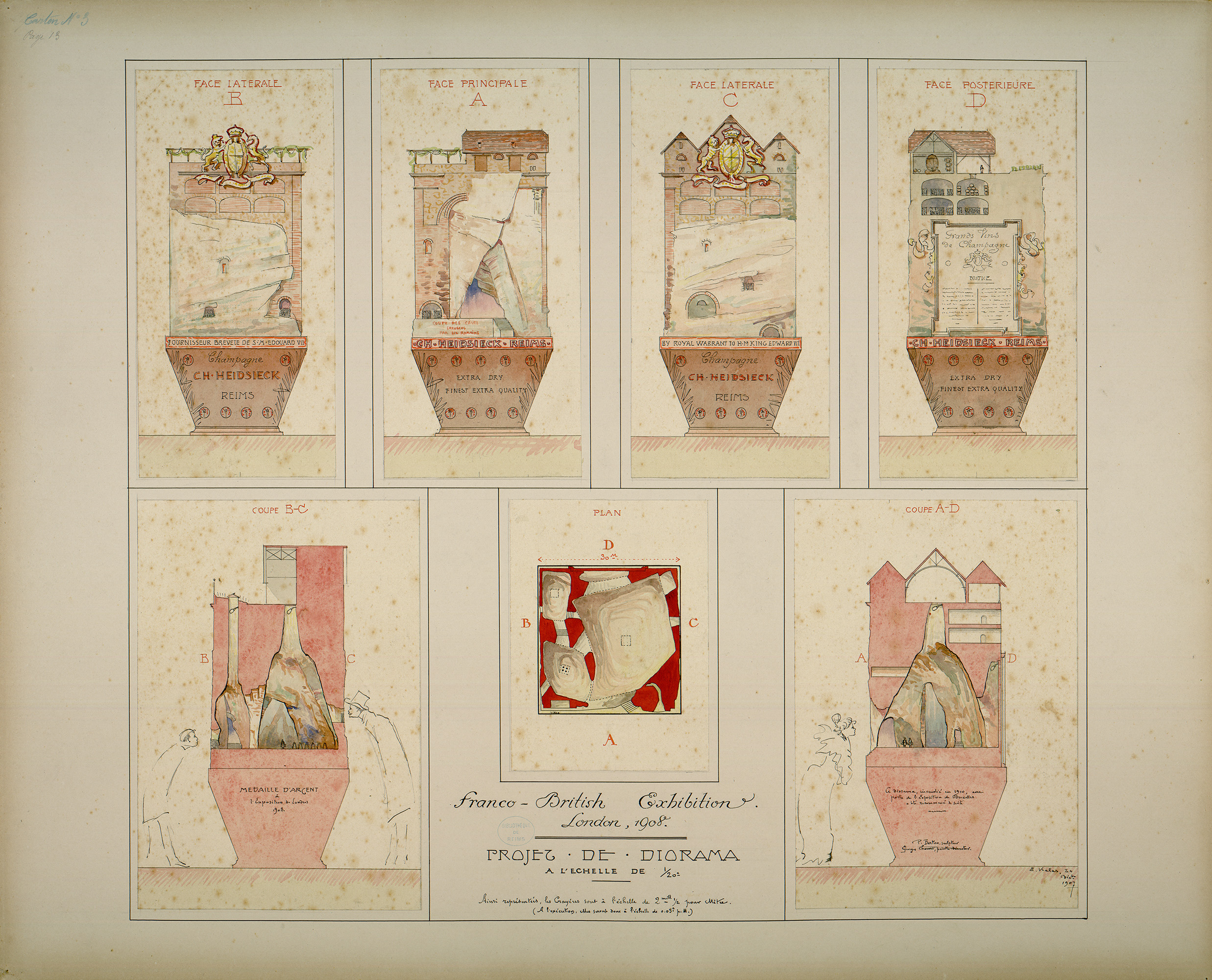 <i>Projet de diorama</i> pour l'exposition franco-britannique de Londres en 1908. Créés en 1822 par Daguerre, les dioramas sont très populaires au début du XXè siècle.Fonds Ernest Kalas, Carton 3, planche 13