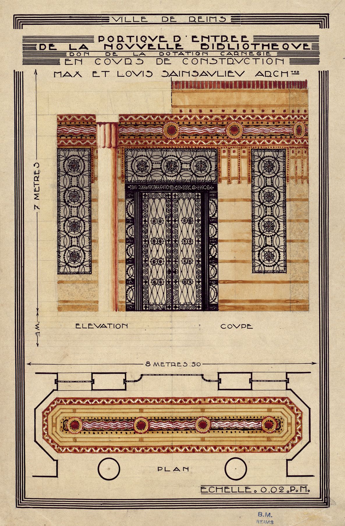 Dessin de la porte d'entrée. BM Reims, Affiche DDAMS 6