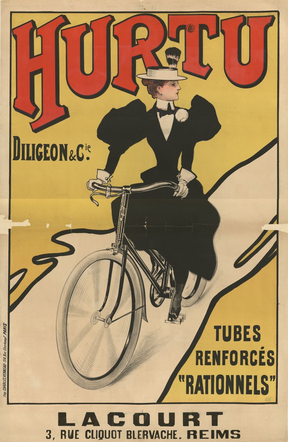 Vélocipédiste en robe. Affiche d’enseigne rémoise, fin XIXe siècle. (BM Reims, TGF 13-24)