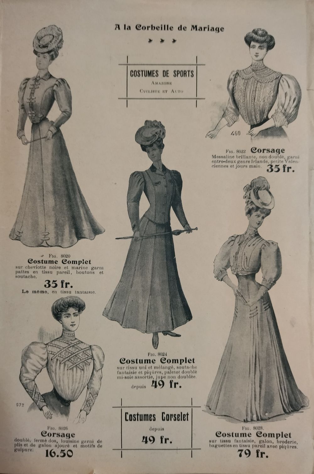 Costumes féminins de sports proposés dans le catalogue du magasin rémois. 1906. À la Corbeille de mariage (BM Reims, Dossier documentaire n°41)