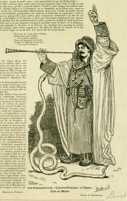 Uzès déguisé en Mahdi, dessin réalisé par Heidbrinck paru dans Le Courrier Français du 8 mai 1887. BM Reims, Portraits Champenois, Lemot Achille 003