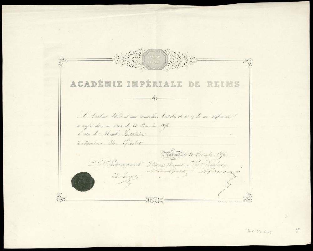 Diplôme Académie impériale de Reims. BM Reims, Portrait champenois Givelet C