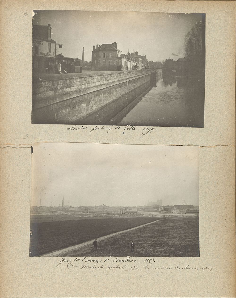 Lavoir du faubourg de Vesle, 1899 et Gare des tramways de banlieue, 1897. Album photographies Victor Charlier sur Reims, 1890. Estampes recueil 16