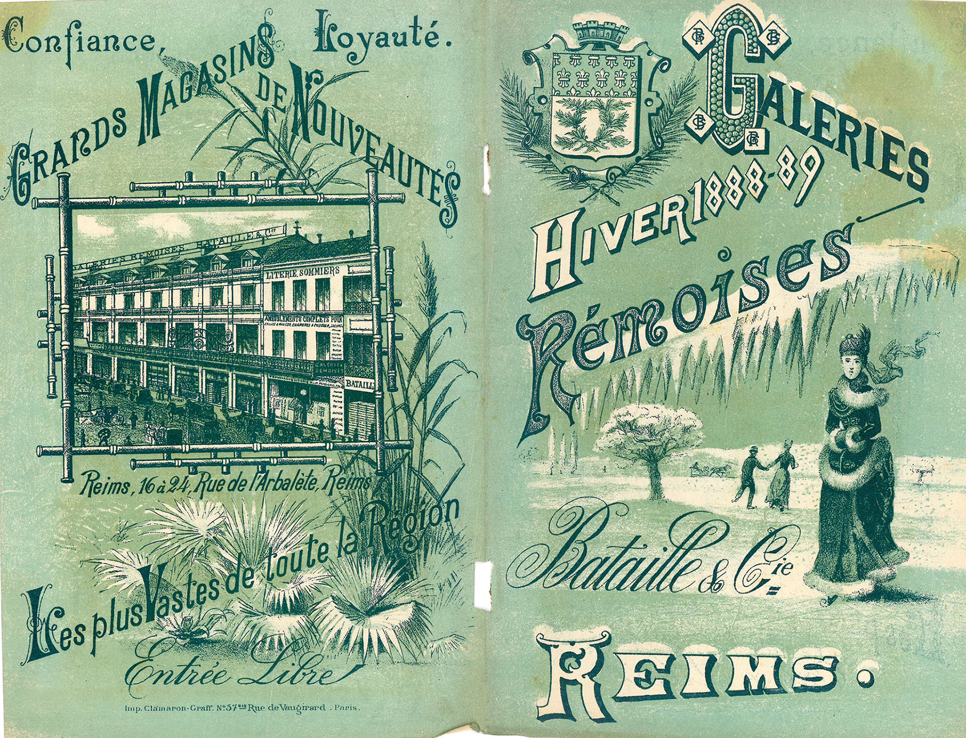 Couverture d'un catalogue des Galeries Rémoises, hiver 1888-1889. Reims, Bibliothèque municipale, Boite Menu 52.