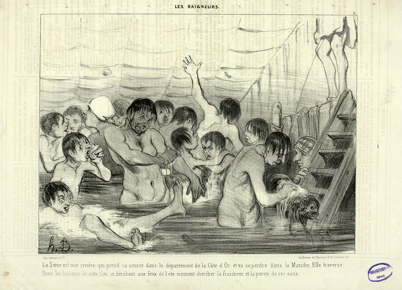 <i>Les baigneurs [n°3]. La Seine est une rivière qui prend sa source....</i>, par Honoré Daumier. <i>Le Charivari</i>, 26 juin 1839 - Fonds Caricatures, Daumier