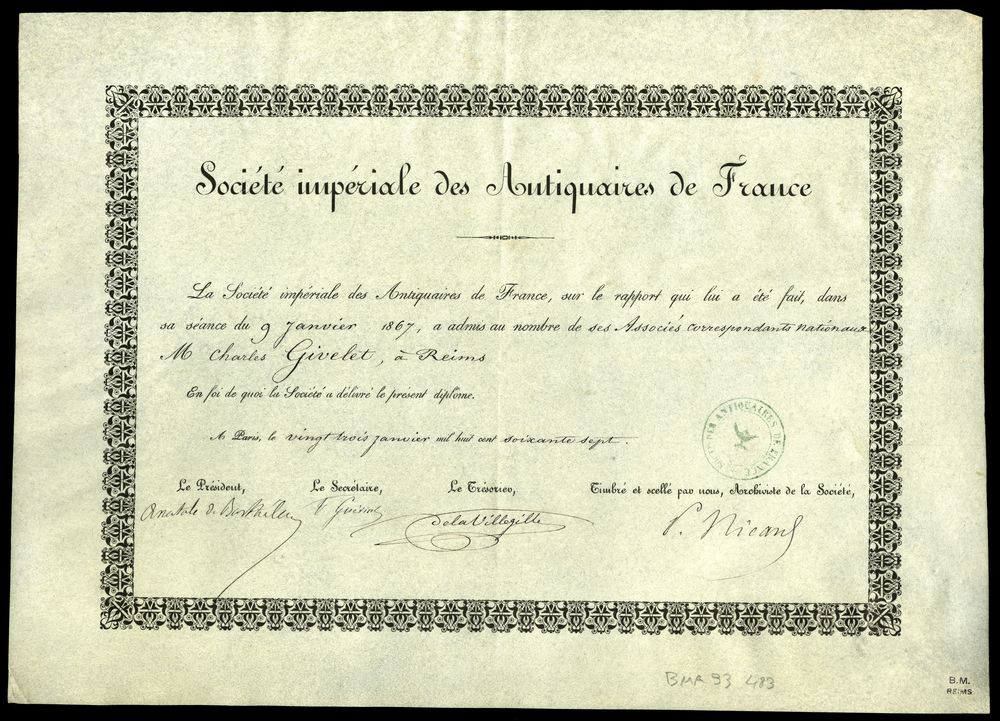 Diplôme Société impériale des antiquaires de France. BM Reims, Portrait champenois Givelet C