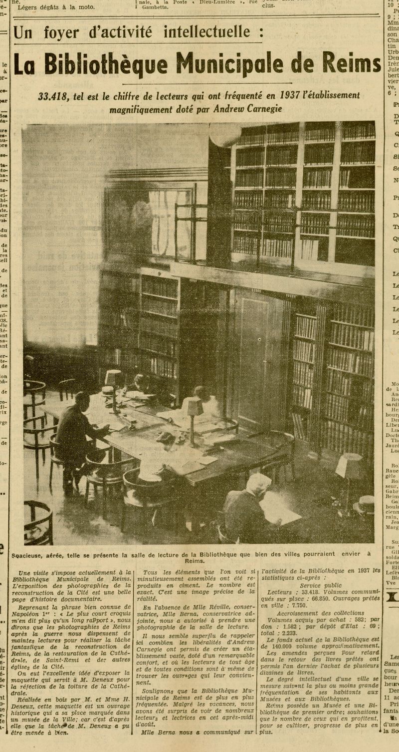 Fréquention de la bibliothèque Carnegie en 1937. Nord-Est du 10 août 1938. BM Reims, PER CH FOL 1969
