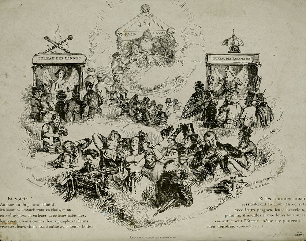 <i>Bureau des cannes. / Bureau des parapluies [...].</i>, par Grandville. 1835 - Fonds Caricatures, Grandville