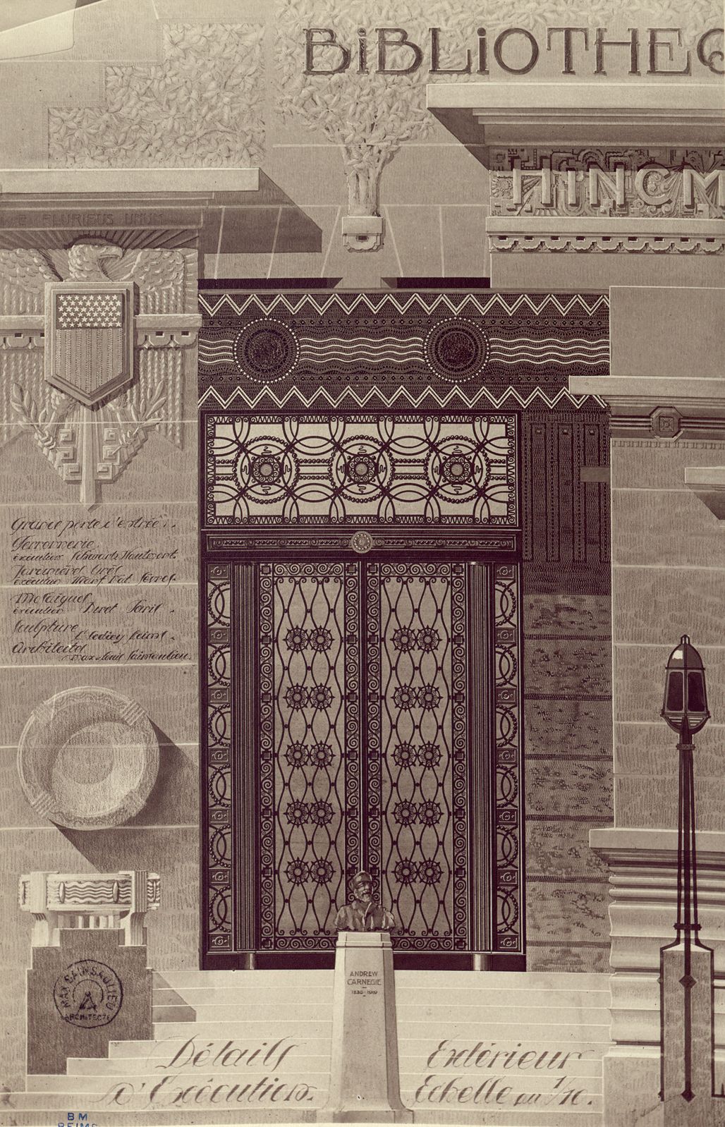 Dessin de la porte d'entrée. BM Reims, Affiche DDAMS 58