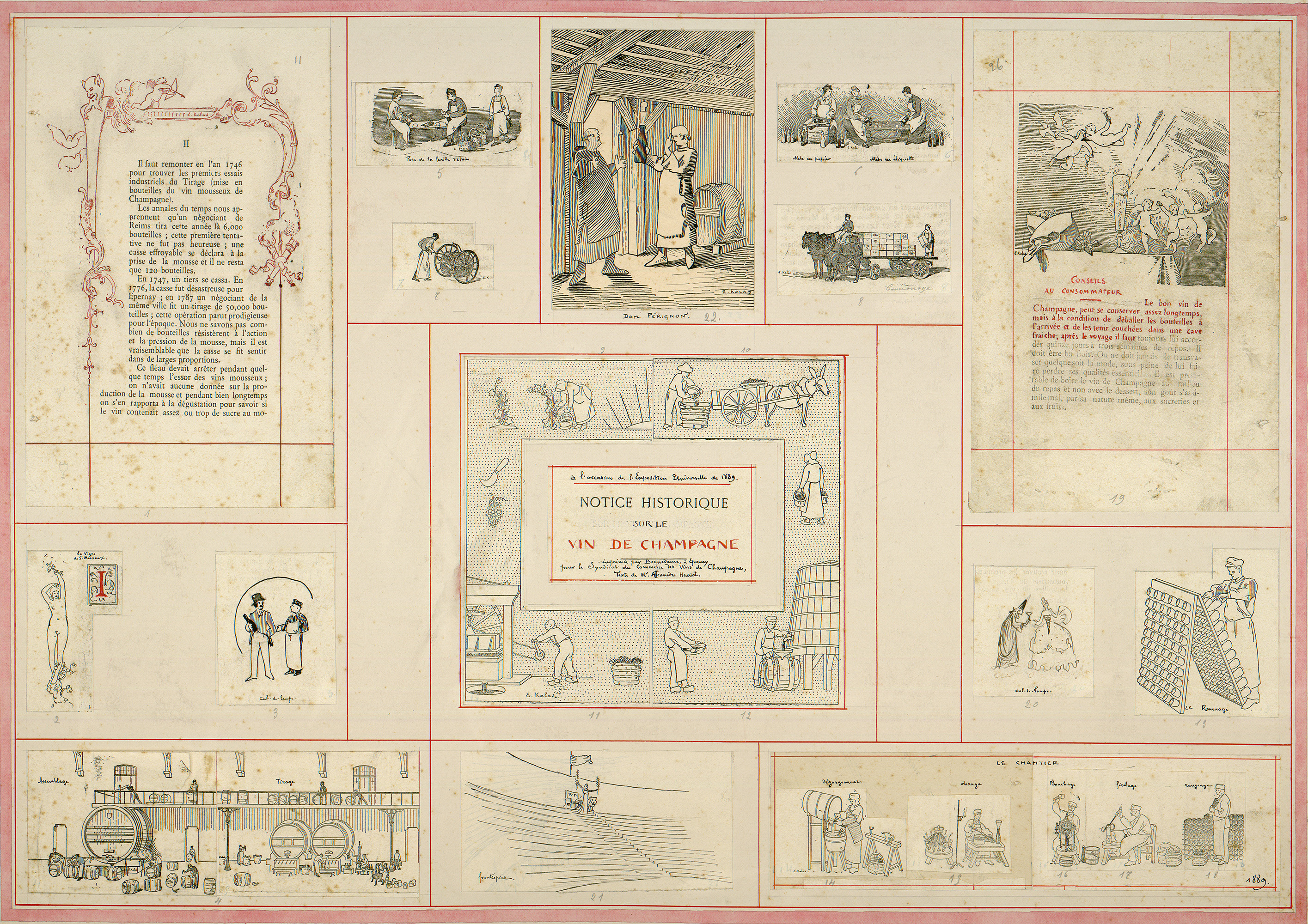 Projet pour la <i>Notice historique sur le Vin de Champagne</i>, Syndicat du commerce des vins de Champagne. Epernay, Bonnedame, 1889. Illustré par Ernest Kalas à l'occasion de l'Exposition Universelle de 1889.  Fonds Ernest Kalas, Carton 1, planche 9