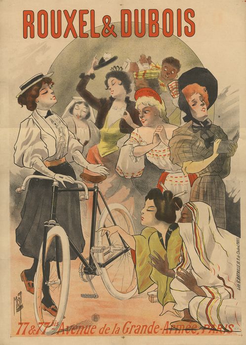 Vélocipédiste en robe. Affiche d’enseigne rémoise, fin XIXe siècle. (BM Reims, TGF 13-13)