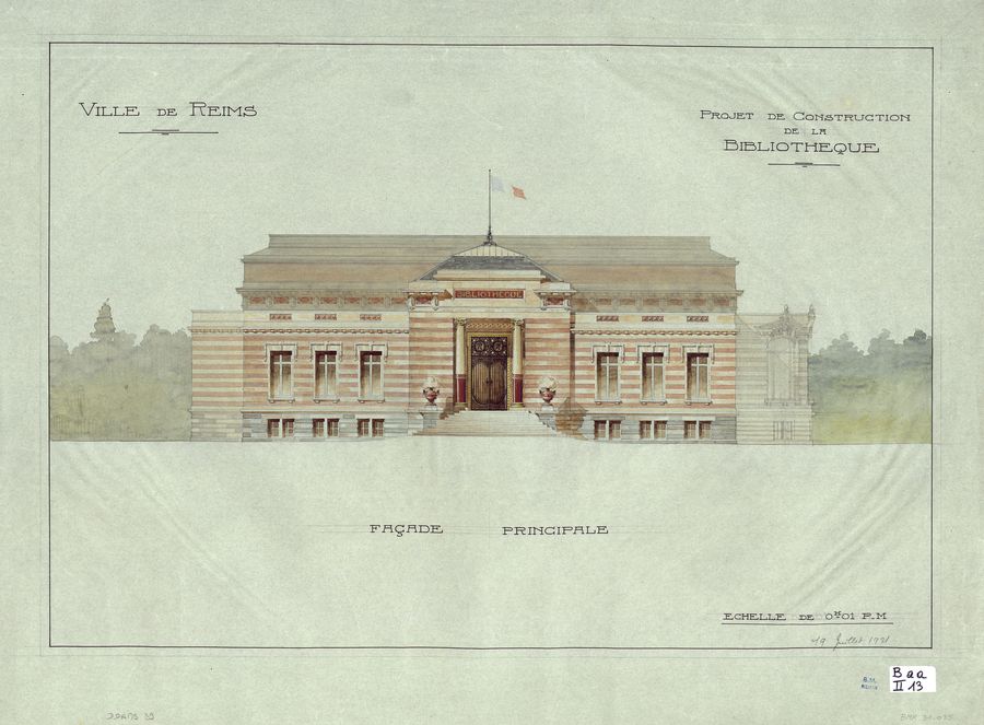 Dessin de la façade de la bibliothèque. BM Reims, Affiche DDAMS 89