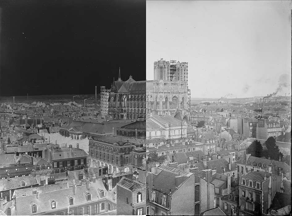 [Vue de Reims avant la Première Guerre mondiale - Cathédrale]. Plaque de verre négative. Montage négatif/positif - BM Reims, Plaque de verre 65