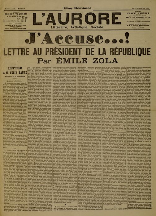ZOLA, Emile. « J’accuse… ! Lettre au président de la République ». L’Aurore. N° 87. Jeudi 13 janvier 1898 (BM Reims, RESERVE ATL. 86)