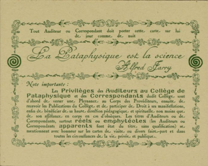 Carte de membre du Collège de 'pataphysique - Fonds Pataphysique Fleury, DA Publications internes – Outils