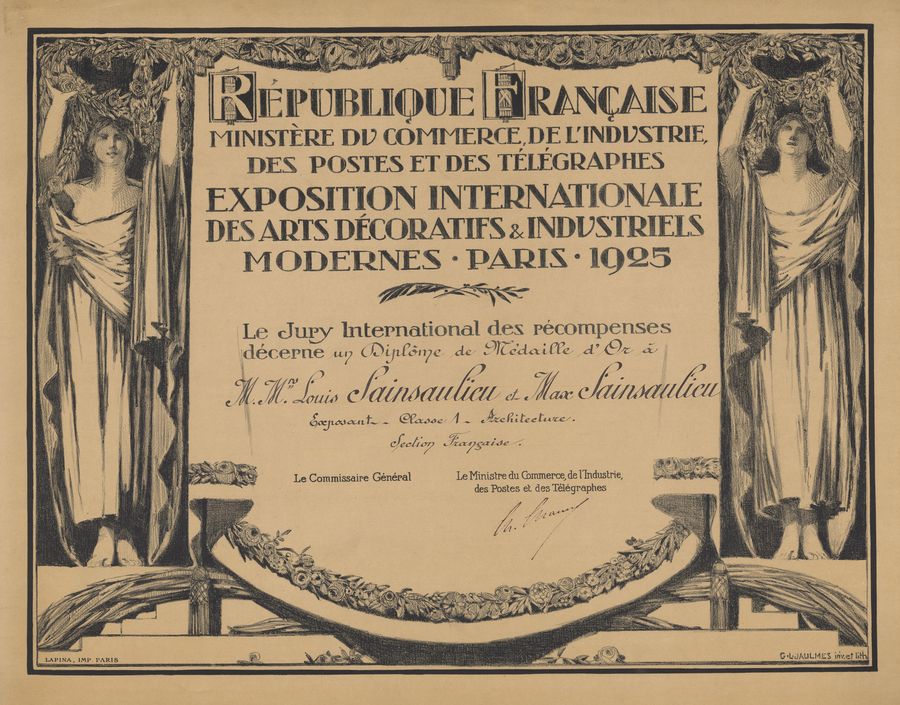 Diplôme de médaille d'or de Max Sainsaulieu, exposition internationale des arts décoratifs et industriels modernes, Paris 1925. Collection privée.