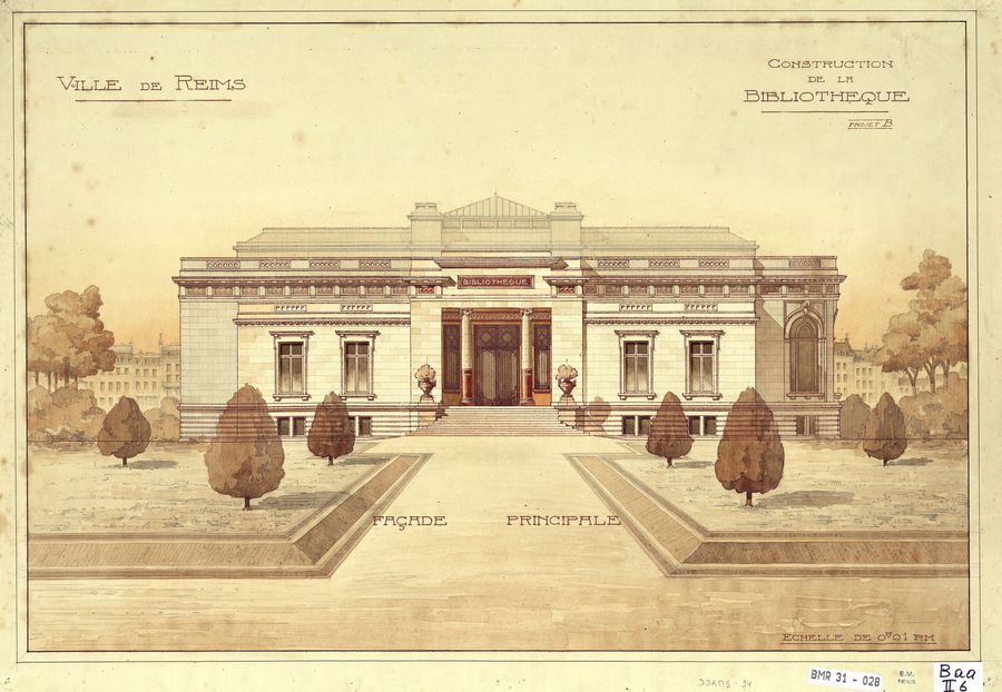Dessin de la façade de la bibliothèque. BM Reims, Affiche DDAMS 94