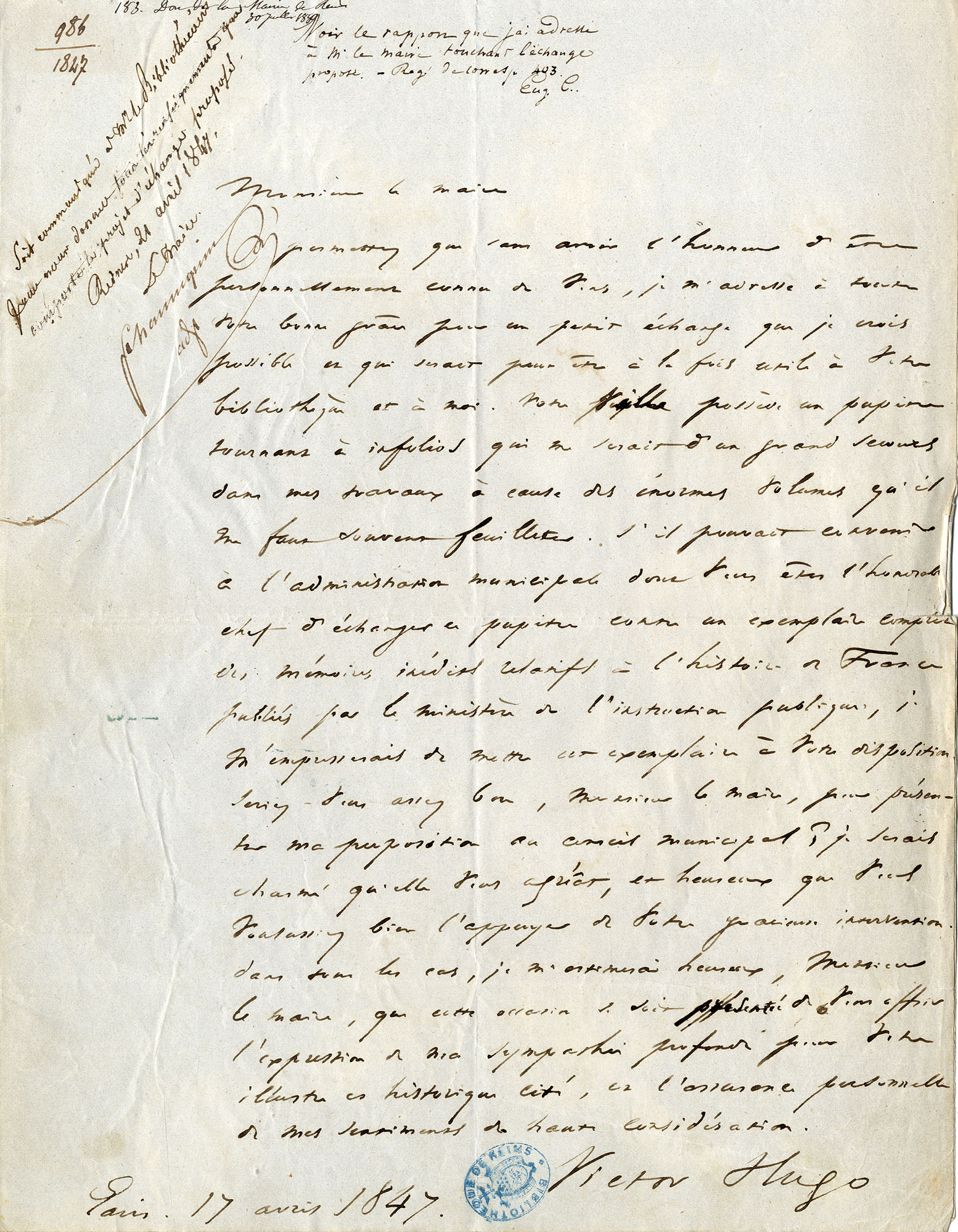 Lettre du 17 avril 1847 - Collection d'autographe, fonds Duchêne, Hugo Victor