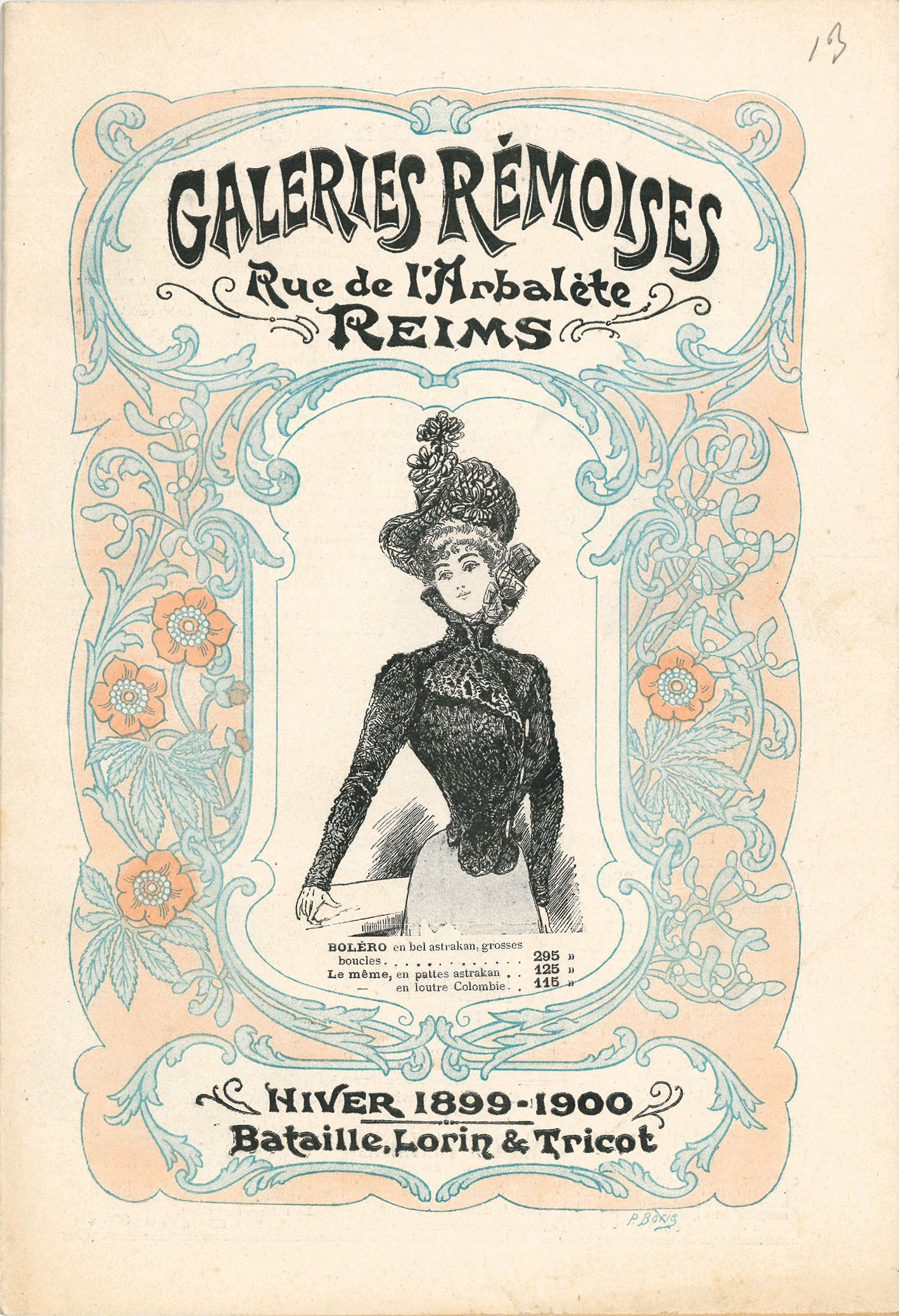 Couverture d'un catalogue des Galeries Rémoises, hiver 1899-1900. Reims, Bibliothèque municipale, Boite Menu 52.