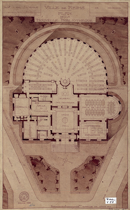 Plan de la bibliothèque Carnegie. BM Reims, DDAMS 193