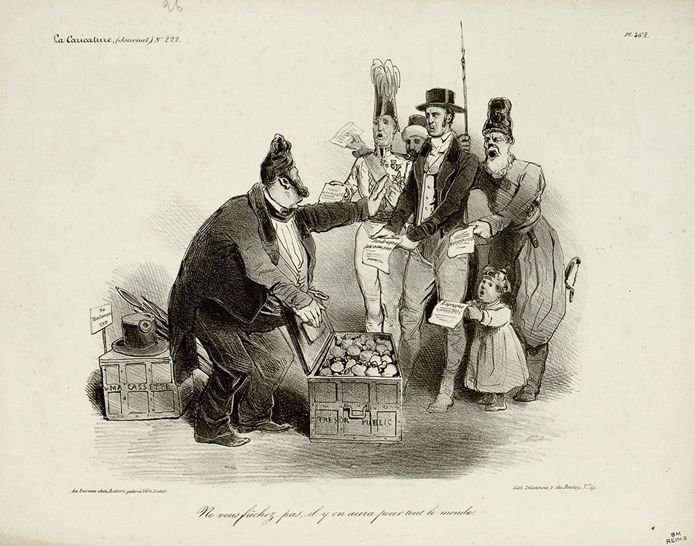 <i>Ne vous fâchez pas, il y en aura pour tout le monde</i>, attribué à Traviès, <i>La Caricature </i>, 5 février 1835. Planche 462. - Caricature CXLIV 10