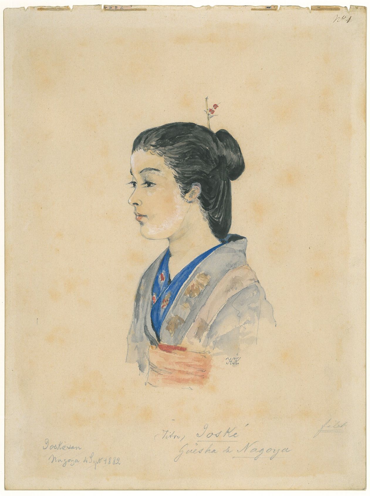 Hugues KRAFFT, Joské, geisha de Nagoya, 4 septembre 1882, aquarelle et crayon graphite, collection SAVR / musée Le Vergeur, 2009.0.343.
