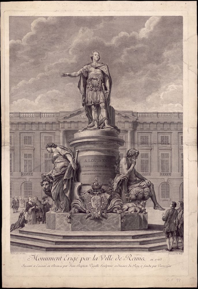 Juin 2026 - Monument érigé par la Ville de Reims en 1765. Inventé et exécuté en bronze par Jean-Baptiste Pigalle (1714-1785), sculpteur ordinaire du Roi et fondu par Pierre Gor (1720-1773). GF 99.  Exposition Le Bonheur public, vivre à Reims au siècle des Lumières 25/04 au 01/08/2026