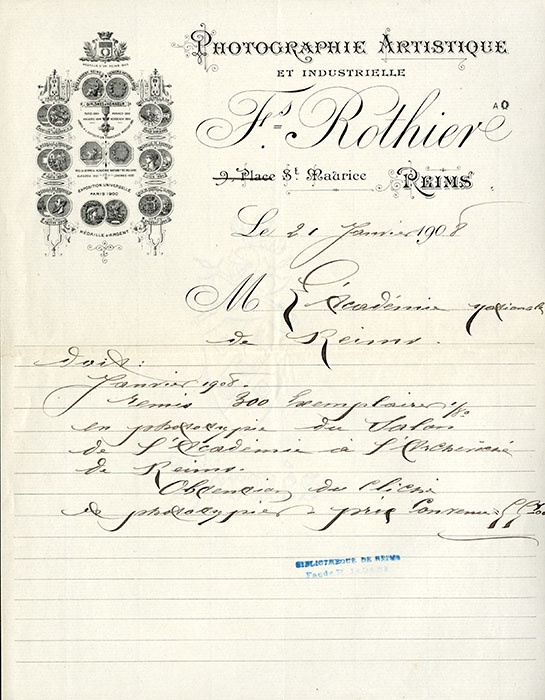 Lettre en-tête (datée 1908) - BM Reims, Dossier documentaire photographes