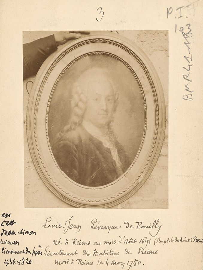 Portrait de Jean-Simon Levesque de Pouilly, fils de Louis-Jean Levesque de Pouilly, annoté par Henri Jadart (1883–1967) bibliothécaire et archiviste rémois.  Portraits champenois Levesque de Pouilly Jean-recto