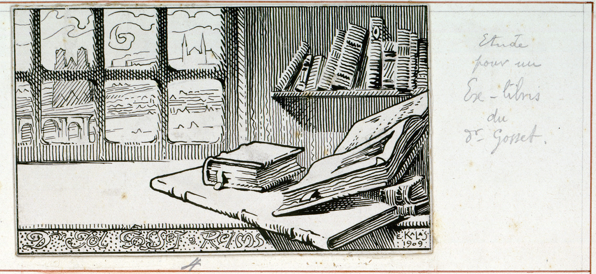 Etude pour un ex-libris du Docteur Gosset. Fonds Ernest Kalas, Carton 3, planche 12