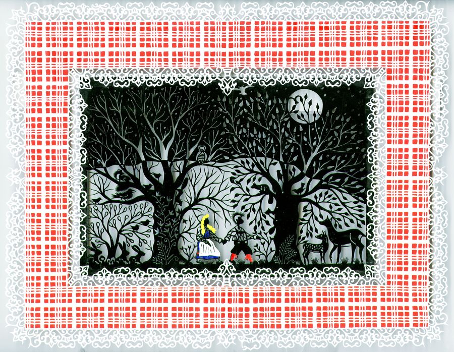 Juin 2025 : <i>Hänsel et Gretel perdus dans la forêt</i>. Réalisation du découpage aux ciseaux par Emmanuel Fornage.