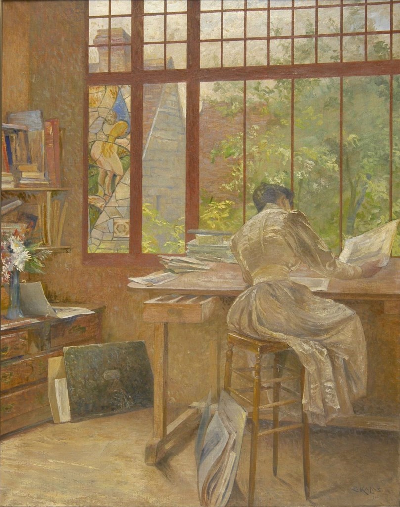 <i>Le choix d'une estampe</i>, Ernest Kalas. Cette huile sur toile représente l'épouse de l'artiste dans son atelier à Pouillon. Musée des Beaux-Arts de Reims, inv. 907.6.1