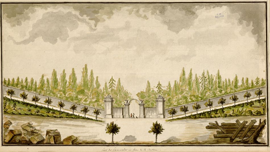 Eté 2026 - Portes des Promenades en face de la Couture [vue de l'intérieur de la ville], 18<sup>e</sup> siècle. Bibliothèque municipale, XXXVIII I a 01